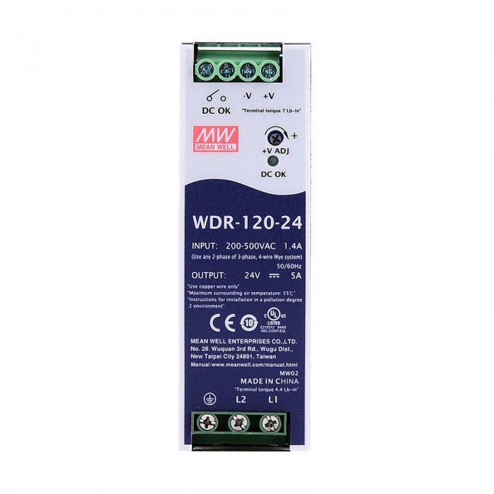 Meanwell WDR-120-24 Fuente de alimentación CNC 120W 24VDC 5A 180~550VAC Fuente de alimentación de riel DIN