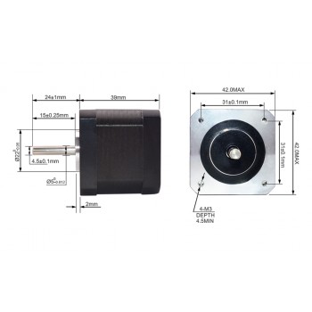 Motor paso a paso Nema 17 bipolar 1.5A 1,8 grados 45Ncm 12V para impresora/extrusora DIY CNC/3D