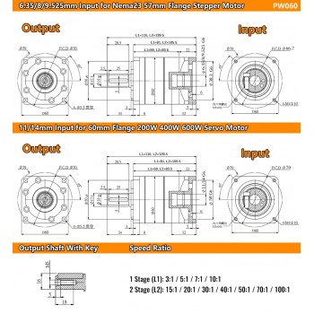 Reductor Planetario con Engranaje Helicoidal para Motor Paso a Paso Nema 23 o Servo de 60 mm