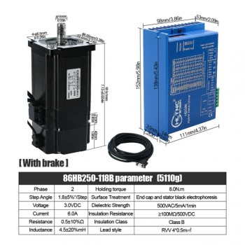 HLTNC Kit de Motor Paso a Paso Nema 34 Cerrado 1.8° 8 N·m con Freno + Controlador HBS86