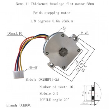 Oukeda Motor paso a paso plano Nema 11 con caja reductora 1.8° 2 fases 2.5Ncm 4 hilos