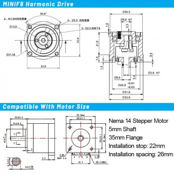Microreductor Armónico Serie MINIS/MINIF Relación 30/50/100:1 Caja de engranajes armónica