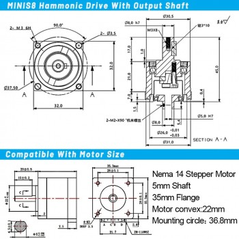 Microreductor Armónico Serie MINIS/MINIF Relación 30/50/100:1 Caja de engranajes armónica