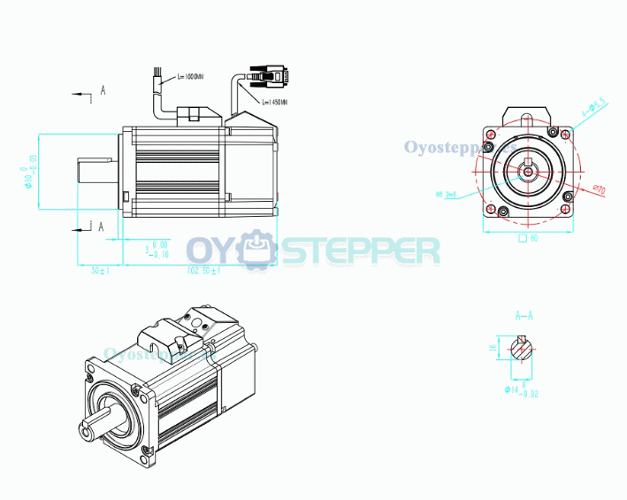 Motor Servo DC 200 W 36 V 7.6 A 0.63 N·m 3000 RPM 3 Fases con Encoder de 2500 Líneas 60×60 mm
