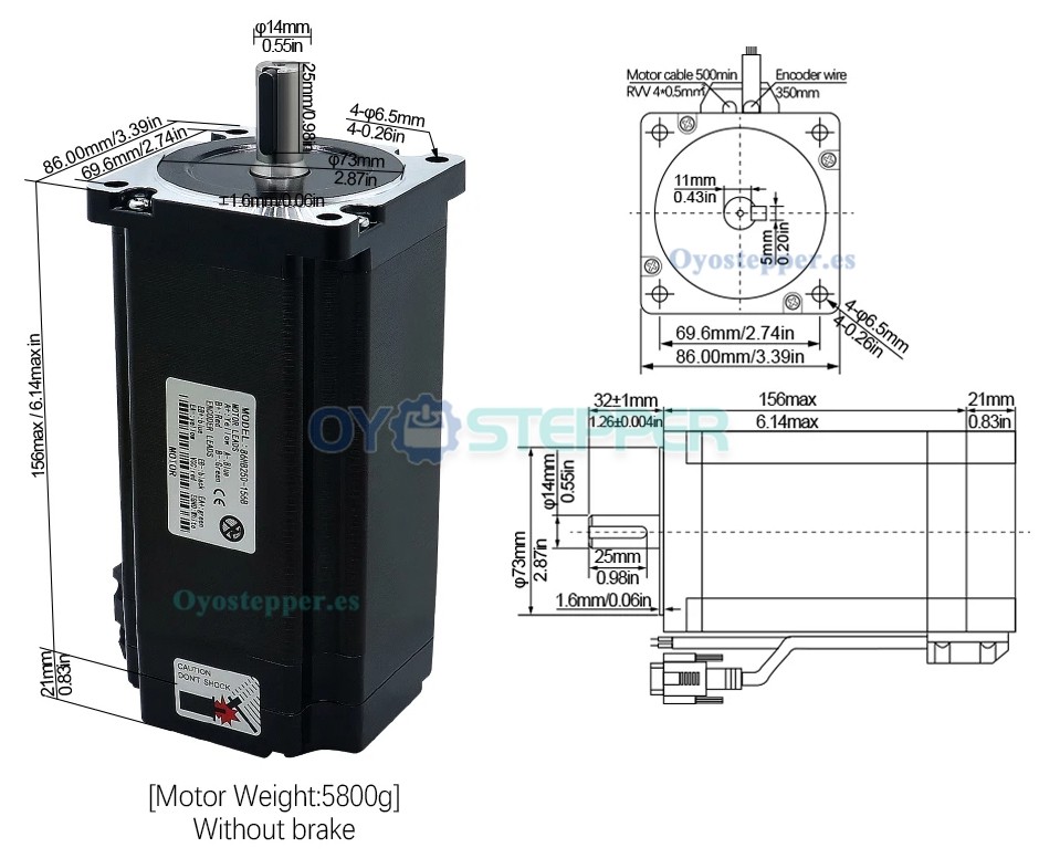 HLTNC Kit de Motor Paso a Paso Nema 34 en Bucle Cerrado 1.8° 12 N·m Sin Freno + Controlador HBS86