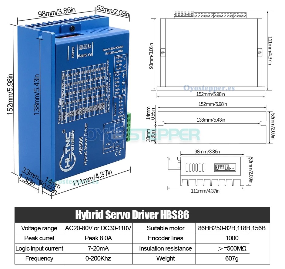 HLTNC Kit de Motor Paso a Paso Nema 34 en Bucle Cerrado 1.8° 4.5 N·m Sin Freno + Controlador HBS86