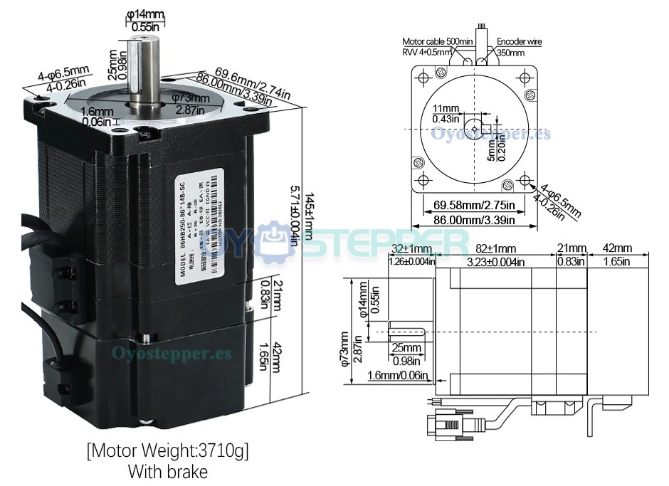 HLTNC Kit de Motor Paso a Paso Nema 34 en Bucle Cerrado 4.5 N·m 1.8° Modelo 86HB250-82B con Freno + Controlador HBS86
