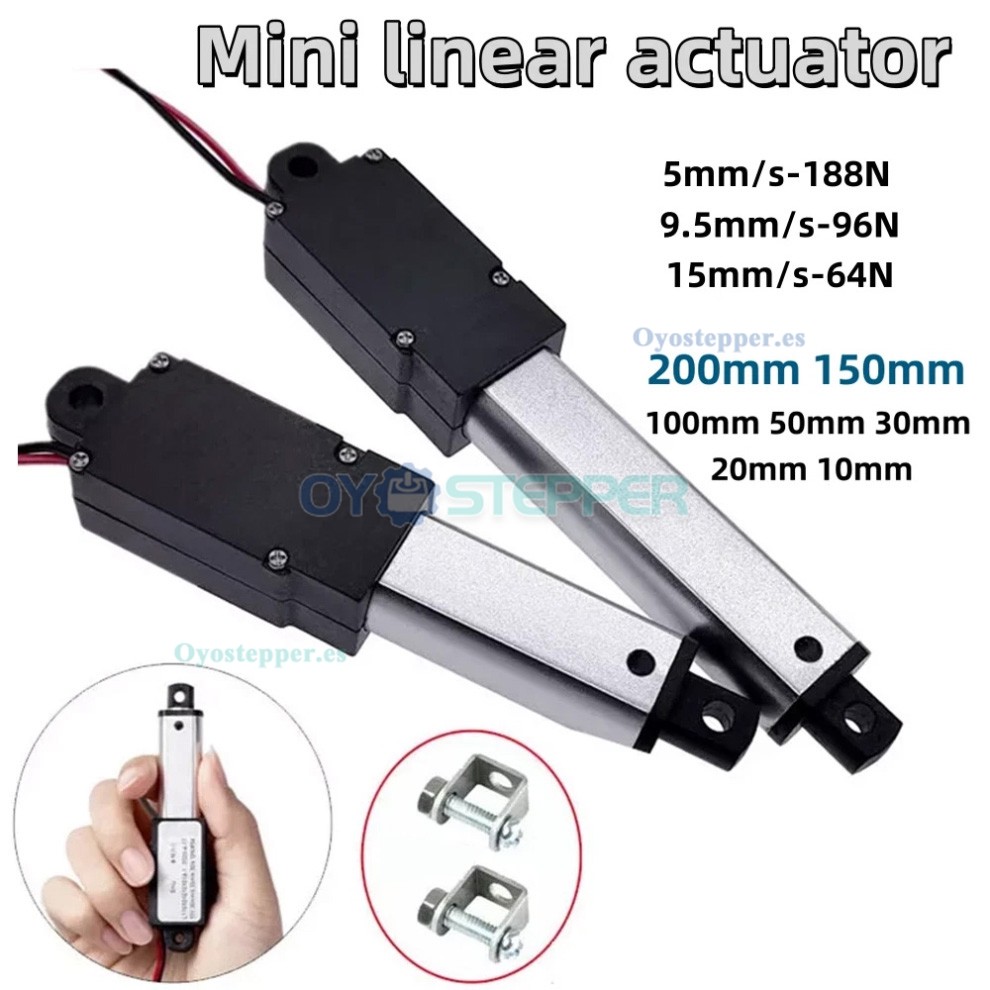 Mini actuador lineal el&eacute;ctrico de 12V y 64N a 188N con carrera de 0.4 a 8 pulgadas