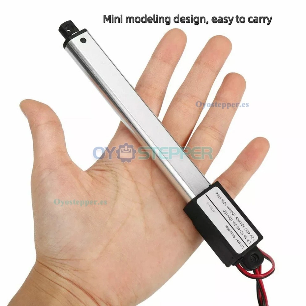 Mini actuador lineal el&eacute;ctrico de 12V y 64N a 188N con carrera de 0.4 a 8 pulgadas