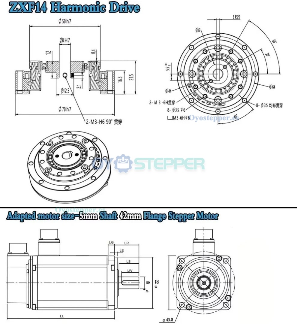 Reductor de engranajes arm&oacute;nicos serie ZXF 31:1 a 160:1 para motor paso a paso/servomotor, brazo rob&oacute;tico CNC