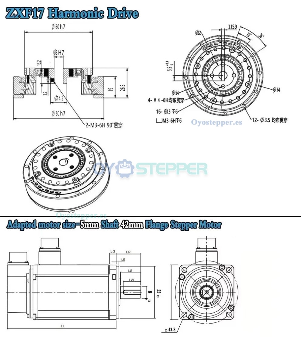 Reductor de engranajes arm&oacute;nicos serie ZXF 31:1 a 160:1 para motor paso a paso/servomotor, brazo rob&oacute;tico CNC