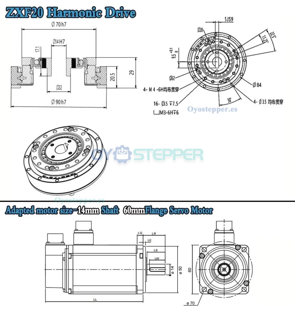 Reductor de engranajes arm&oacute;nicos serie ZXF 31:1 a 160:1 para motor paso a paso/servomotor, brazo rob&oacute;tico CNC