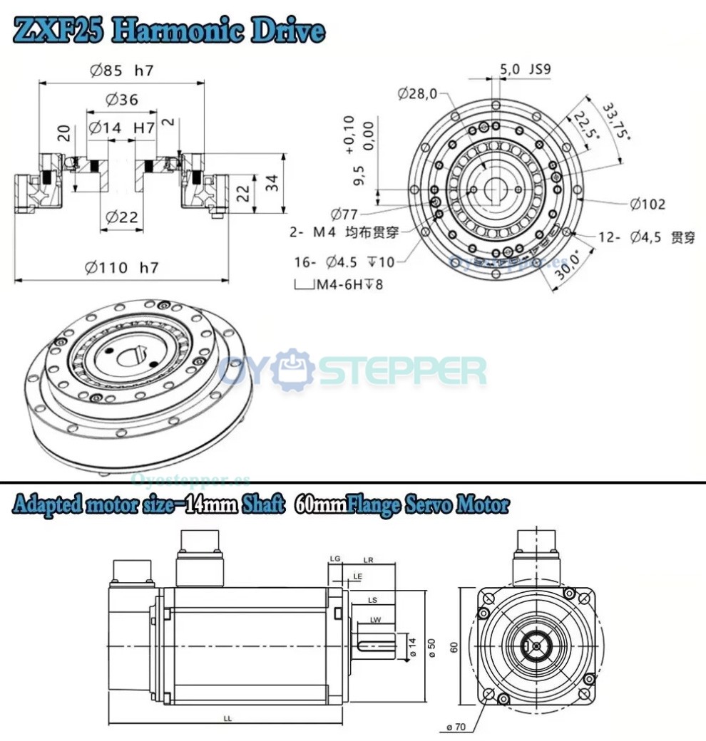 Reductor de engranajes arm&oacute;nicos serie ZXF 31:1 a 160:1 para motor paso a paso/servomotor, brazo rob&oacute;tico CNC