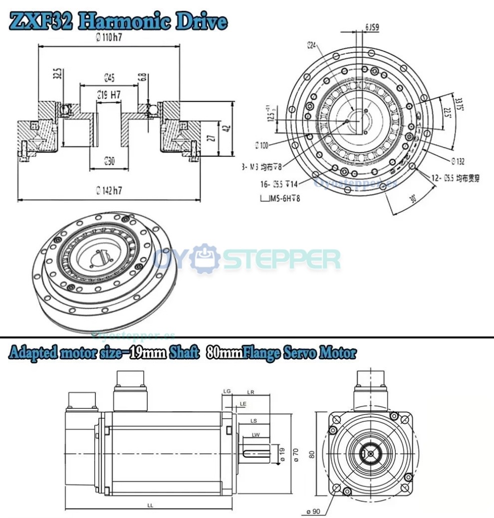 Reductor de engranajes arm&oacute;nicos serie ZXF 31:1 a 160:1 para motor paso a paso/servomotor, brazo rob&oacute;tico CNC