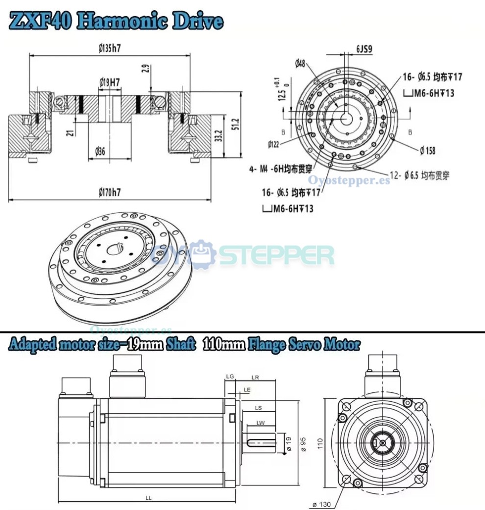 Reductor de engranajes arm&oacute;nicos serie ZXF 31:1 a 160:1 para motor paso a paso/servomotor, brazo rob&oacute;tico CNC