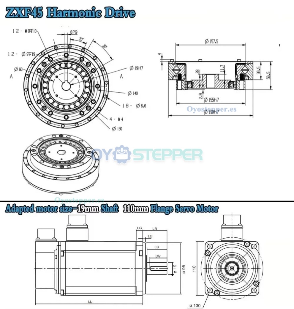 Reductor de engranajes arm&oacute;nicos serie ZXF 31:1 a 160:1 para motor paso a paso/servomotor, brazo rob&oacute;tico CNC