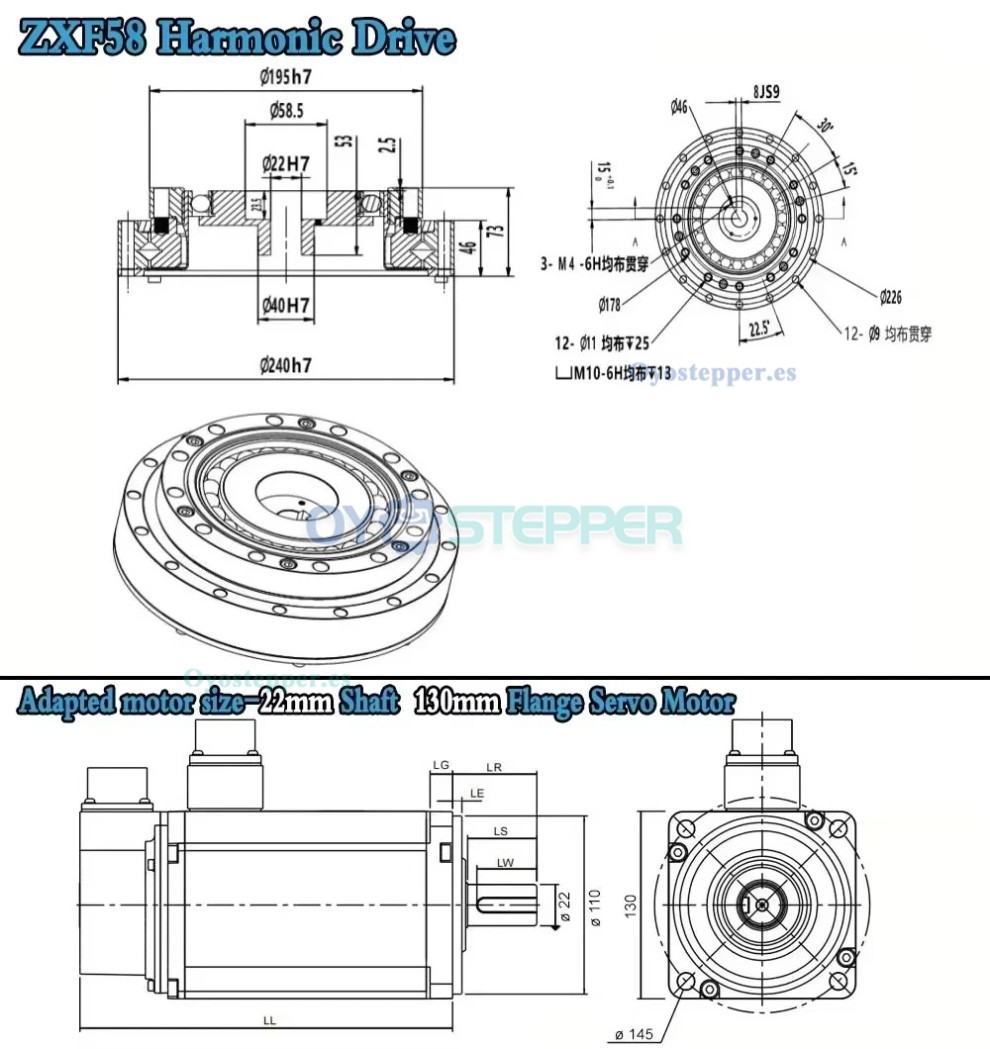 Reductor de engranajes arm&oacute;nicos serie ZXF 31:1 a 160:1 para motor paso a paso/servomotor, brazo rob&oacute;tico CNC