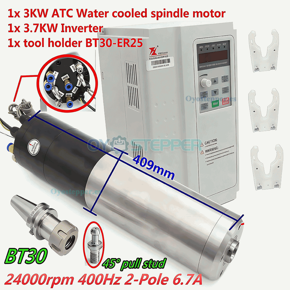 Kit de husillo ATC CNC de 3kW BT30 100mm 220V 24000rpm 400Hz refrigerado por agua con VFD