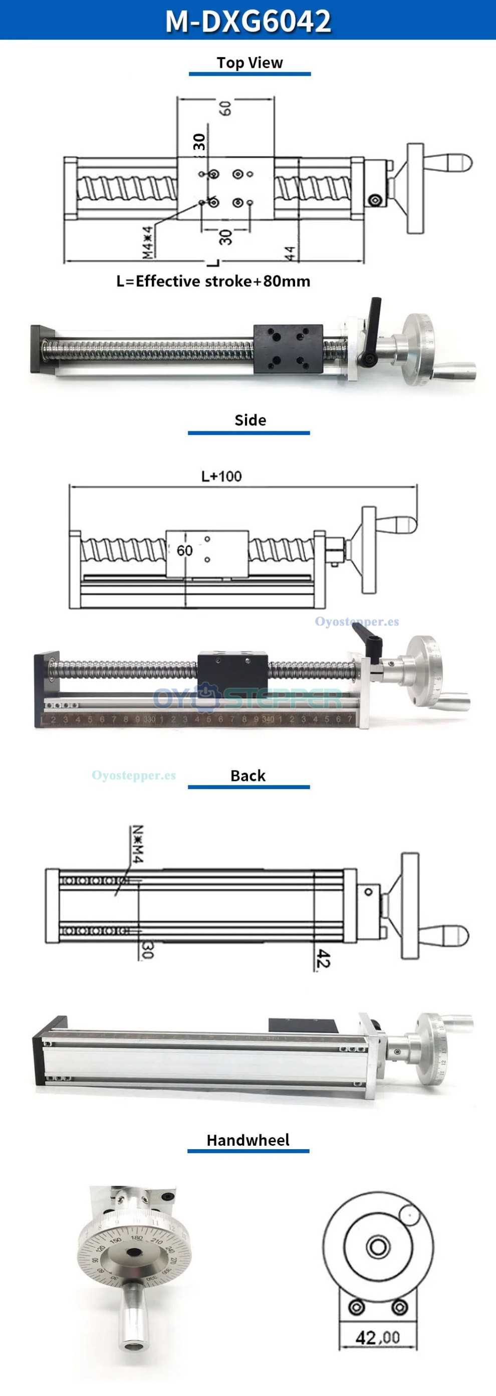M&oacute;dulo Lineal Mini Manual DXG6042 con Husillo a Bolas, Mesa Deslizante CNC y Volante de Posicionamiento Lineal