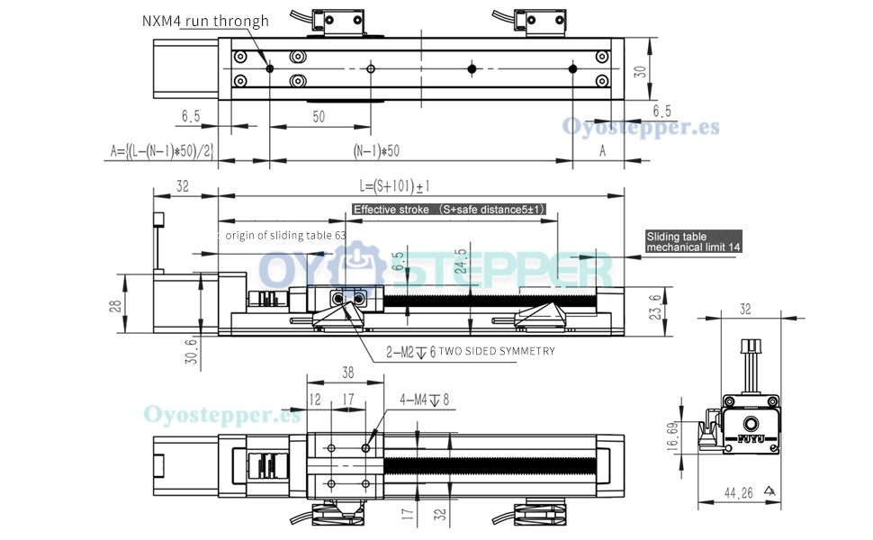 FSK30J Actuador Lineal Mini con Guía Lineal y Husillo Tipo Escalera Con Motor Paso a Paso Nema 14