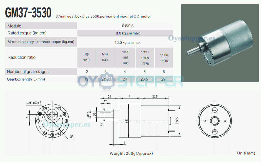 Pack de 2 Motores Eléctrico DC con Reductor 12 V / 24 V 8 kg·cm 34.5×30.8 mm