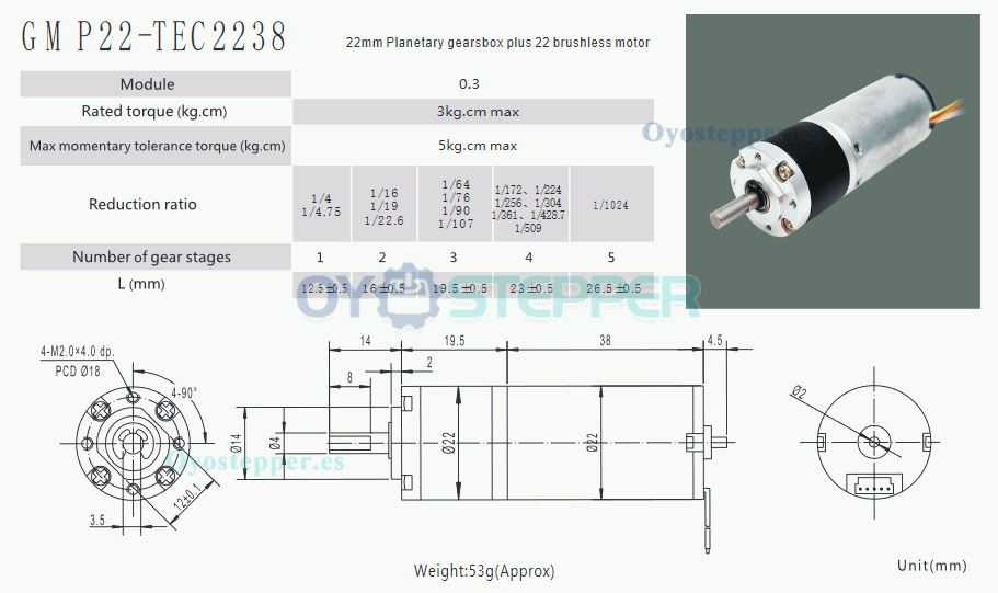 Pack de 2 Motores Eléctrico BLDC 12V/24V Φ22mm 3.0kg·cm 3W sentido horario y antihorario con reductor planetario (MP22-TEC2238)