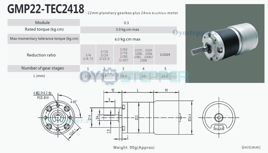 Pack de 2 Motorreductores DC sin escobillas 12V/24V Φ22mm 3.0kg·cm 1.54W con caja planetaria (GMP22-TEC2418)