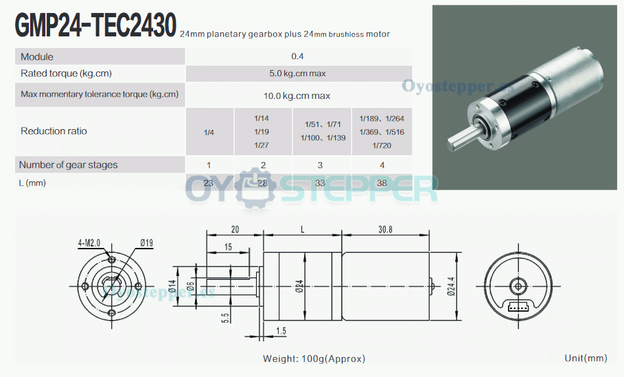 Pack de 2 Motorreductores BLDC 12V/24V Φ24mm 5.0kg·cm 2.3W con reductor planetario (GMP24-TEC2430)
