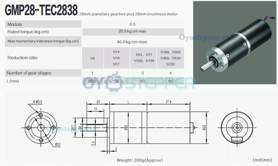 Pack de 2 Motorreductores DC sin escobillas 12V/24V Φ28mm 20kg·cm 6.6–11.5W con caja planetaria (GMP28-TEC2838)