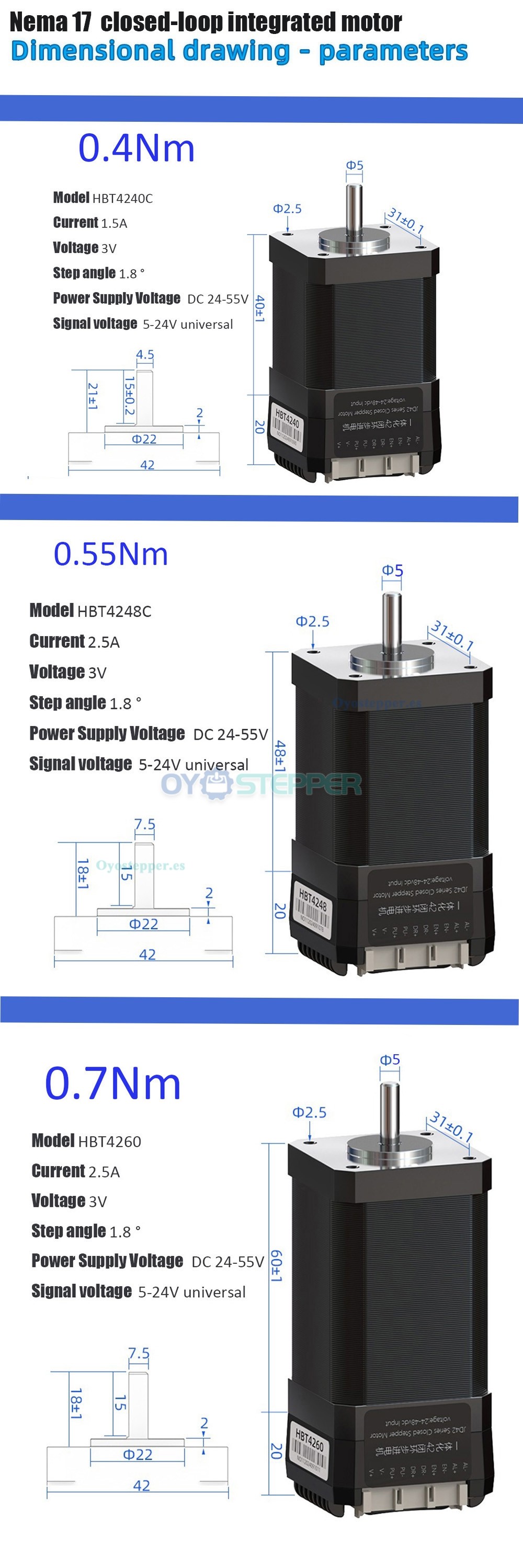 Motor Servo Paso a Paso Integrado Serie HBT42 Nema 17 Lazo Cerrado con Controlador y Encoder 1000 Líneas Motor Servo Paso a Paso Integrado Serie HBT42 Nema 17 Lazo Cerrado con Controlador y Encoder 1000 Líneas