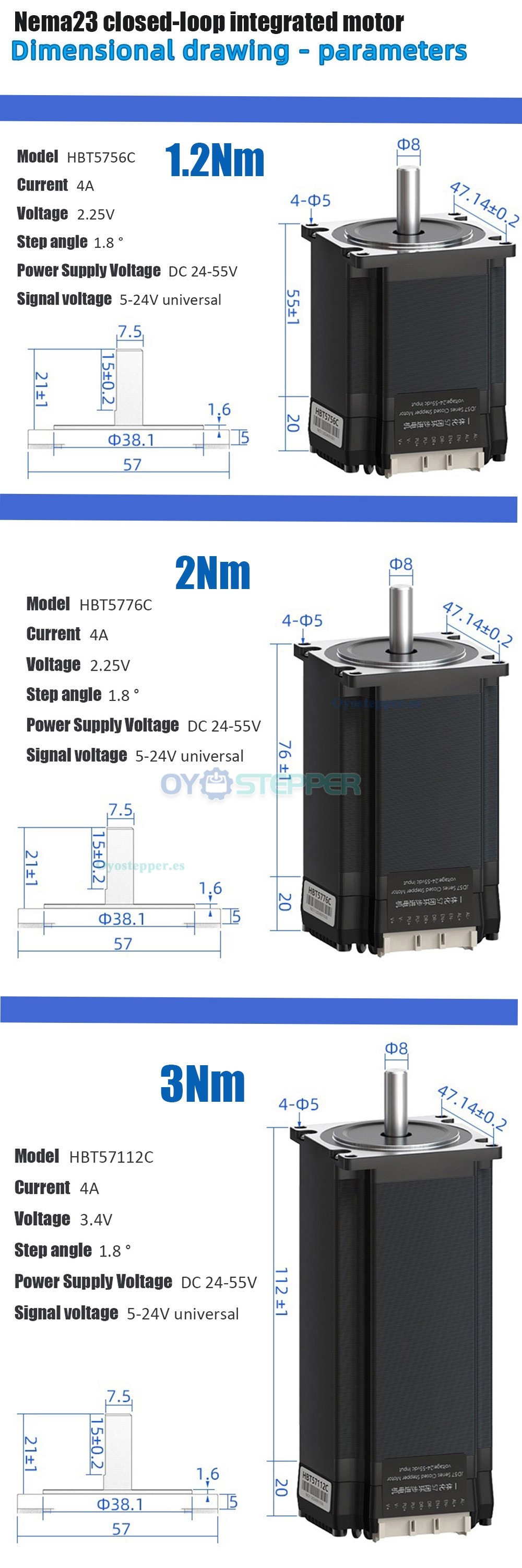 Motor Servo Paso a Paso Integrado Serie HBT57 Nema 23 Lazo Cerrado (1.2/2/3 Nm) con Controlador y Encoder 1000 Líneas Motor Servo Paso a Paso Integrado Serie HBT57 Nema 23 Lazo Cerrado (1.2/2/3 Nm) con Controlador y Encoder 1000 Líneas