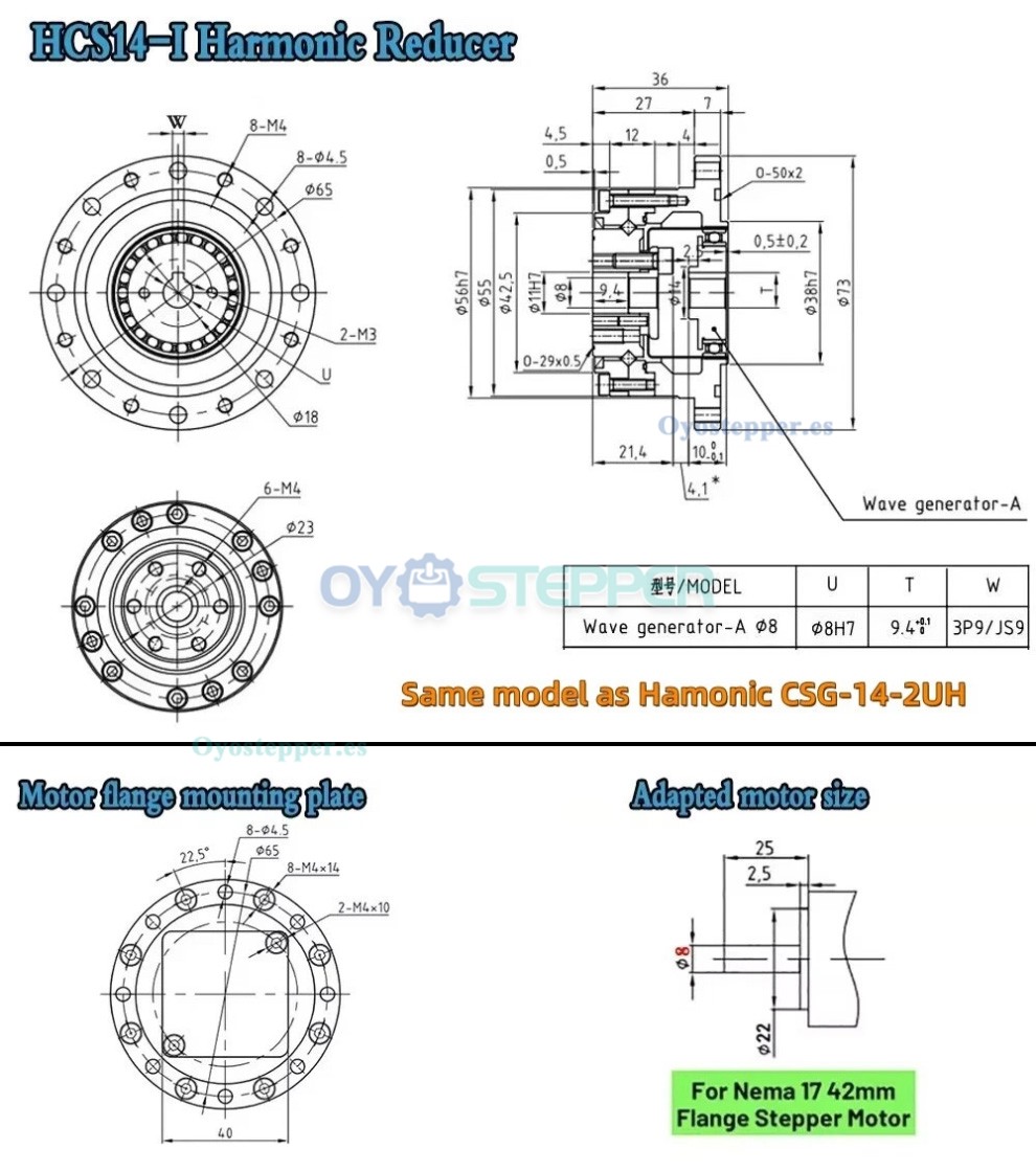 Caja de Engranajes Arm&oacute;nica CSF Relaci&oacute;n 50:1-120:1 para Motor Paso a Paso/Servo