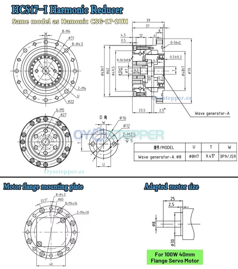 Caja de Engranajes Arm&oacute;nica CSF Relaci&oacute;n 50:1-120:1 para Motor Paso a Paso/Servo
