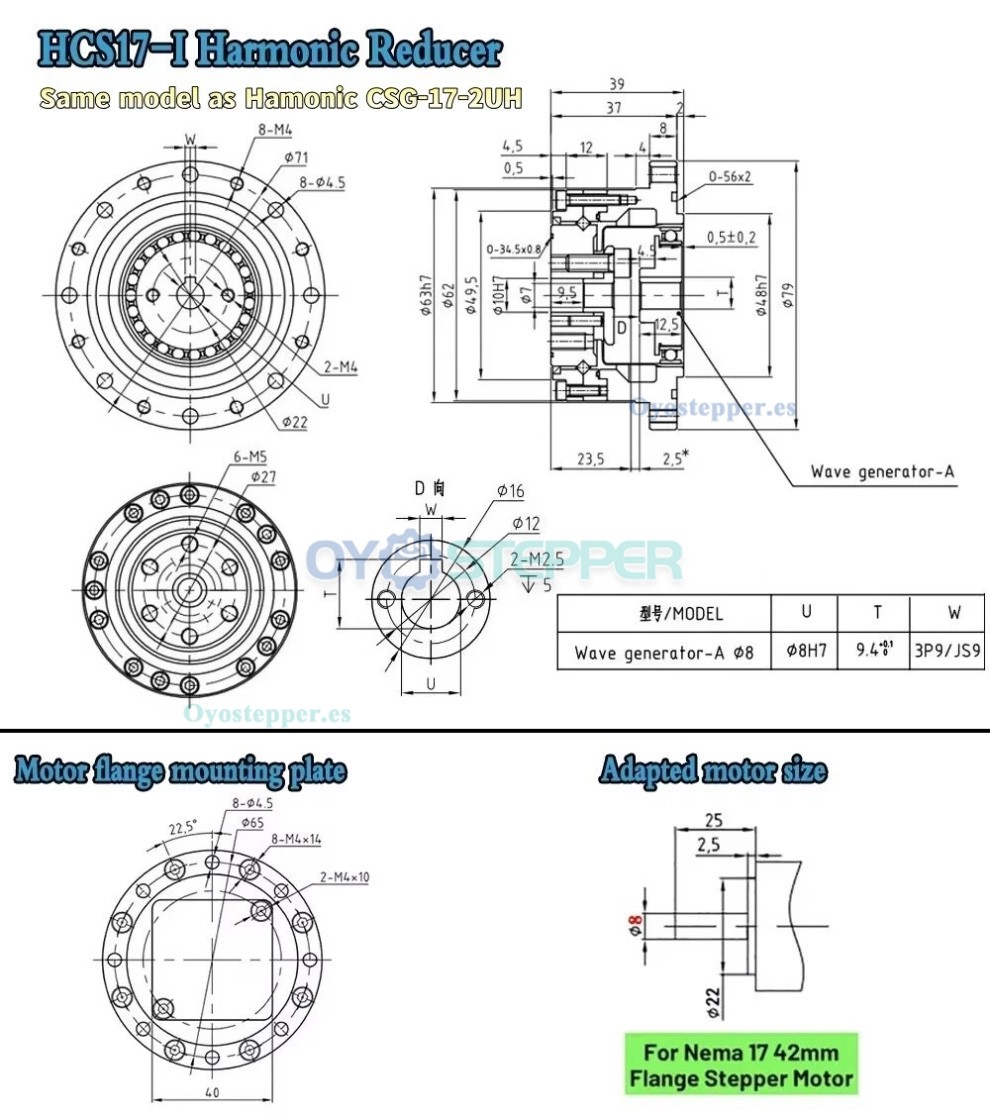 Caja de Engranajes Arm&oacute;nica CSF Relaci&oacute;n 50:1-120:1 para Motor Paso a Paso/Servo