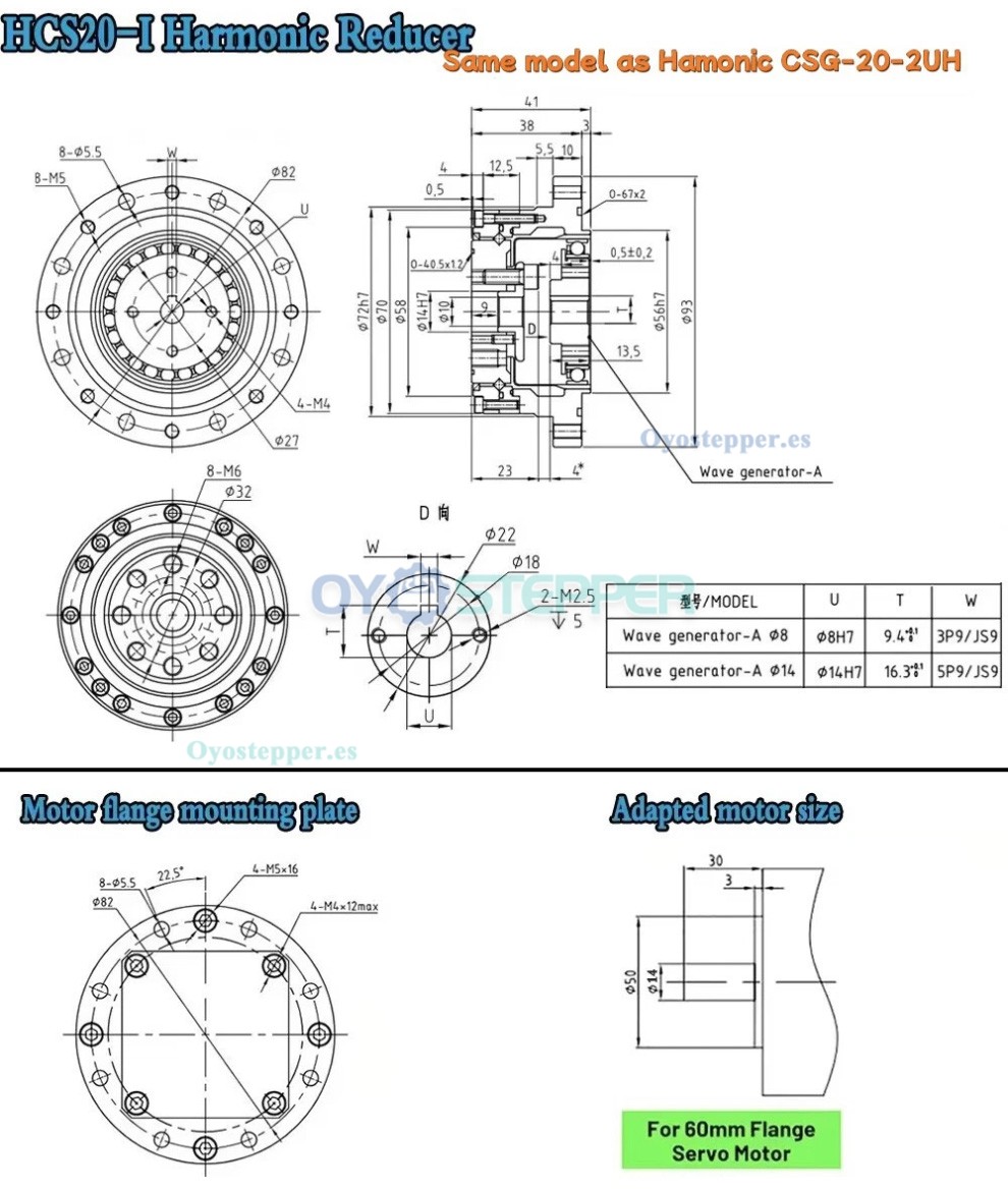 Caja de Engranajes Arm&oacute;nica CSF Relaci&oacute;n 50:1-120:1 para Motor Paso a Paso/Servo
