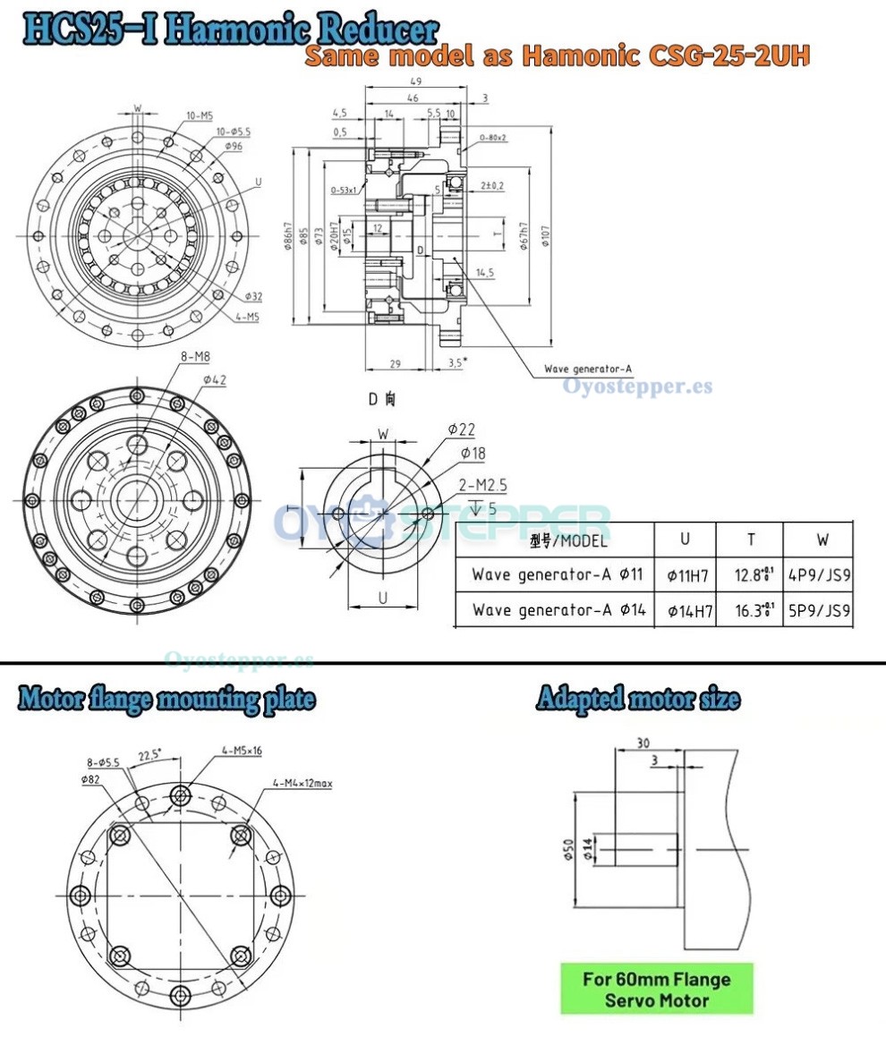 Caja de Engranajes Arm&oacute;nica CSF Relaci&oacute;n 50:1-120:1 para Motor Paso a Paso/Servo