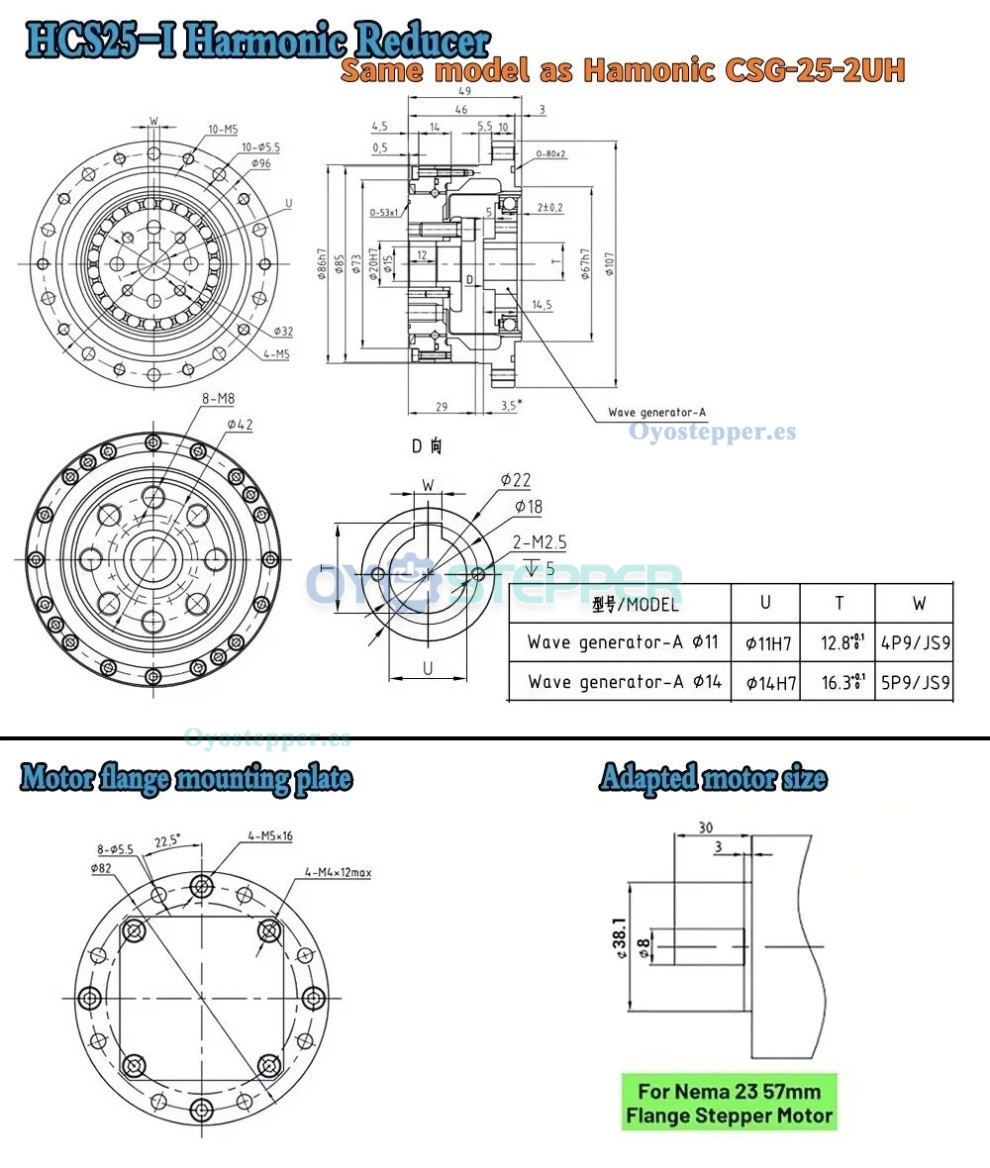 Caja de Engranajes Arm&oacute;nica CSF Relaci&oacute;n 50:1-120:1 para Motor Paso a Paso/Servo