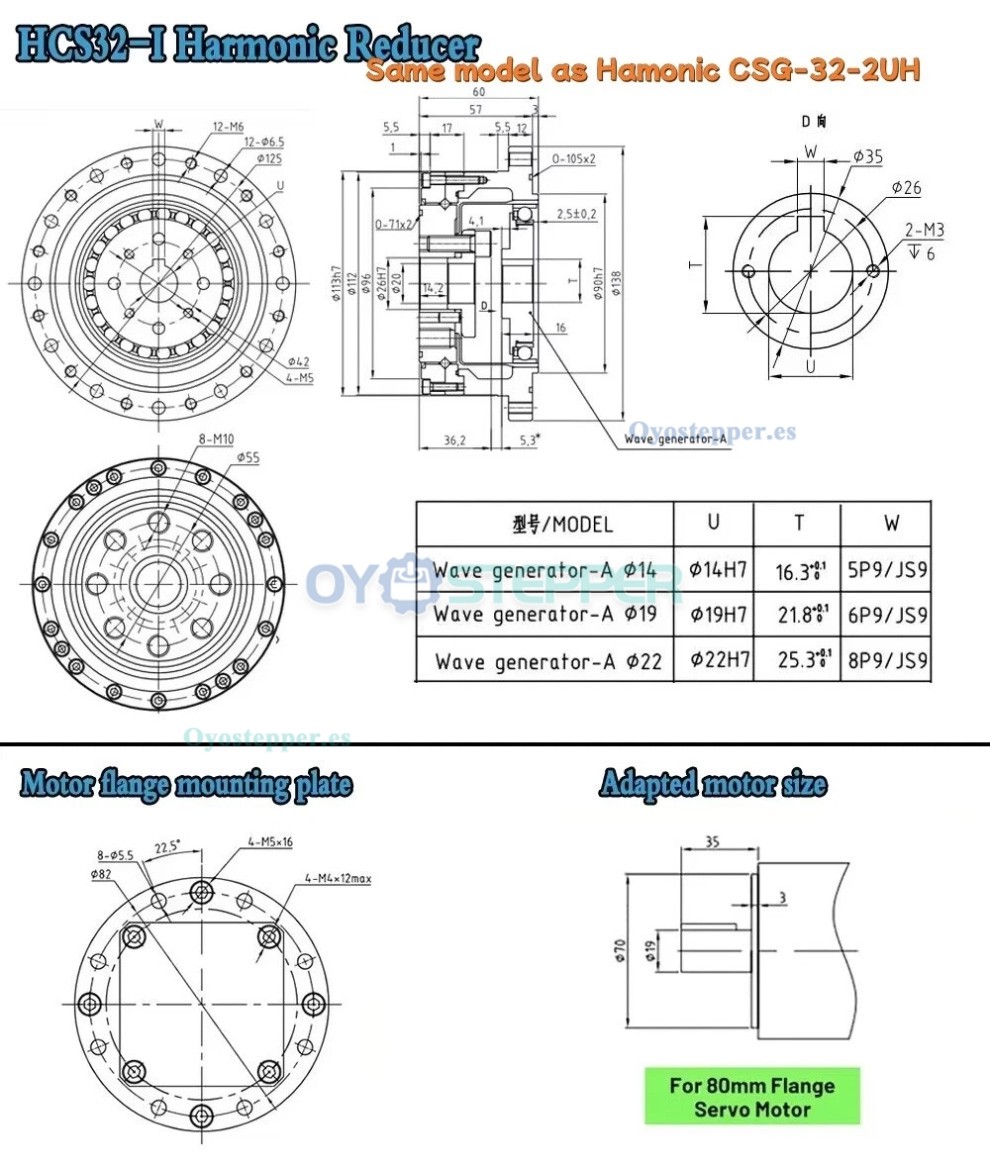 Caja de Engranajes Arm&oacute;nica CSF Relaci&oacute;n 50:1-120:1 para Motor Paso a Paso/Servo