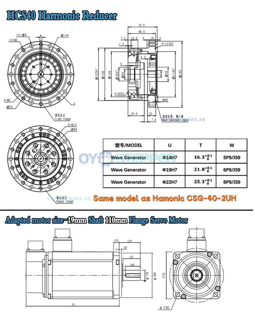 Caja de Engranajes Arm&oacute;nica CSF Relaci&oacute;n 50:1-120:1 para Motor Paso a Paso/Servo