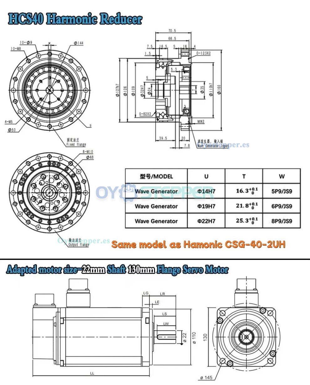 Caja de Engranajes Arm&oacute;nica CSF Relaci&oacute;n 50:1-120:1 para Motor Paso a Paso/Servo