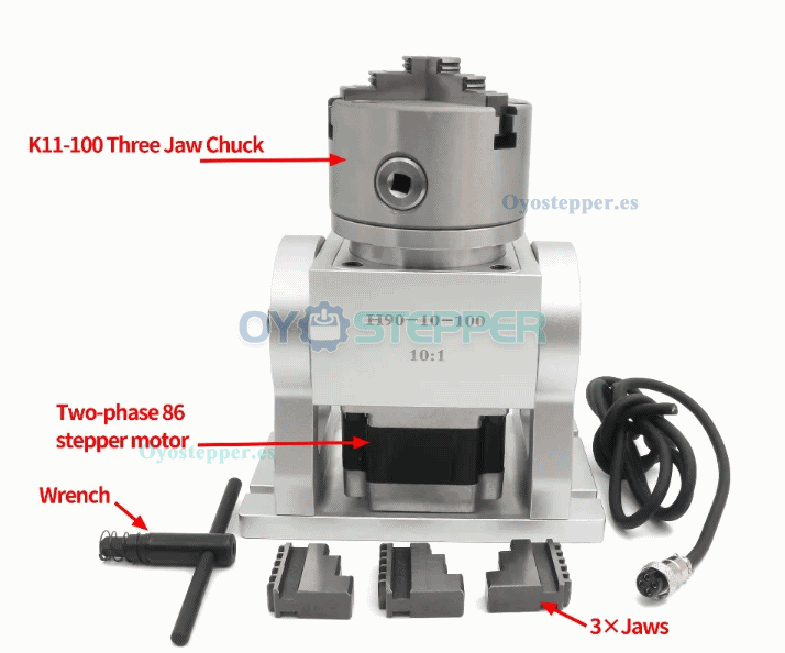 Cabezal divisor rotativo CNC de 4&ordm; eje 10:1 con plato de 3 garras de 100mm y motor NEMA 34