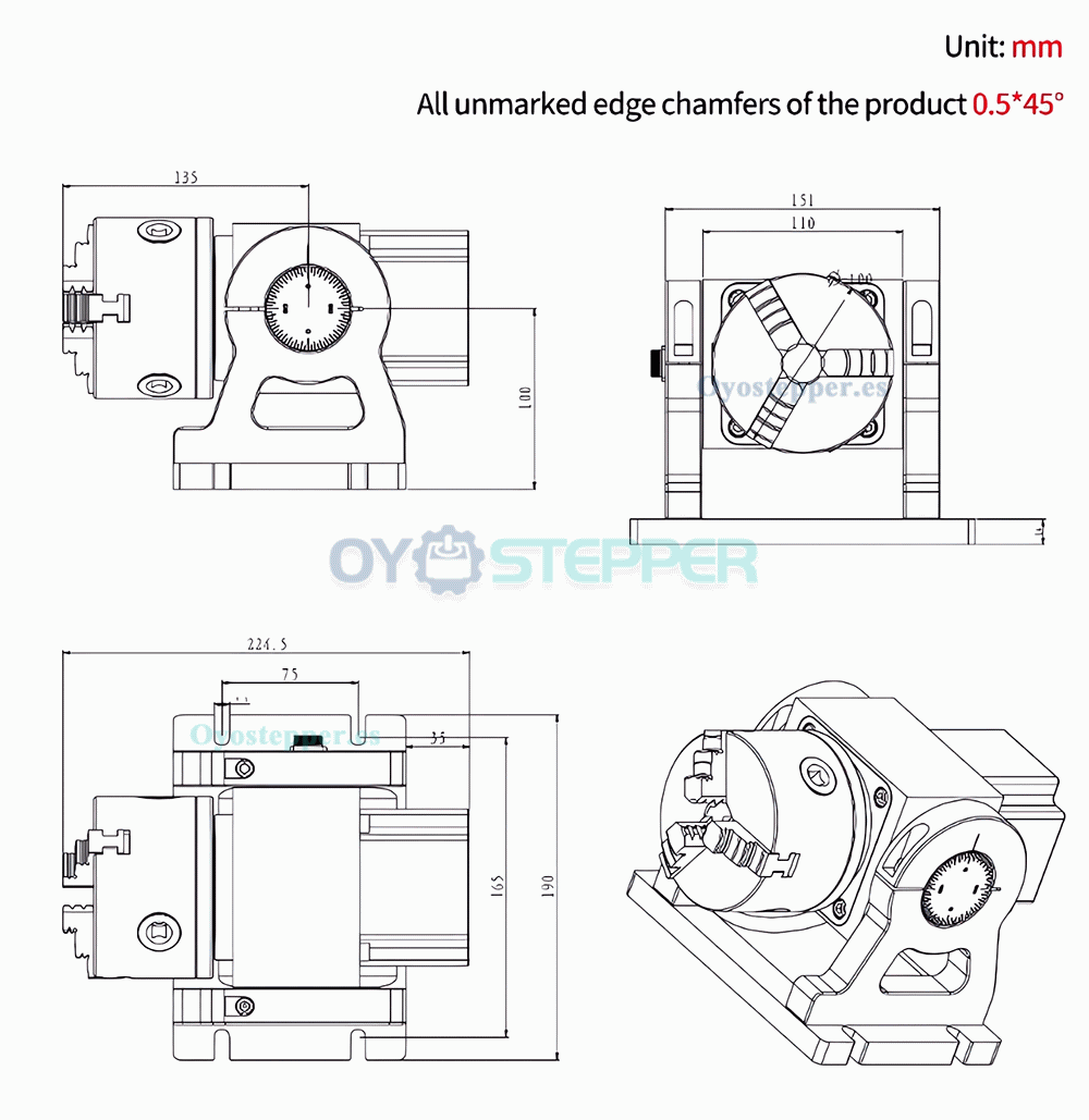 Cabezal divisor rotativo CNC de 4&ordm; eje 10:1 con plato de 3 garras de 100mm y motor NEMA 34