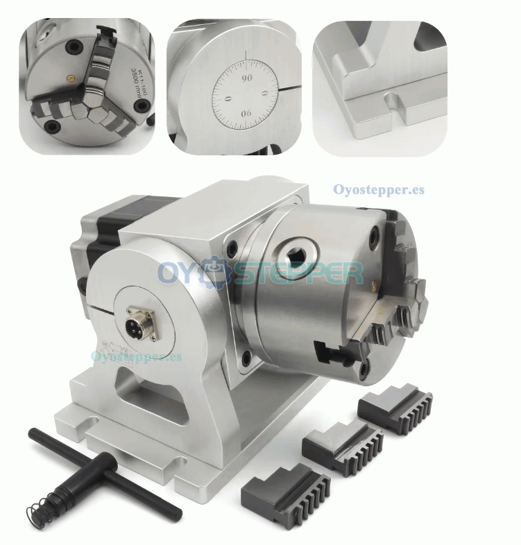 Cabezal divisor rotativo CNC de 4&ordm; eje 10:1 con plato de 3 garras de 100mm y motor NEMA 34
