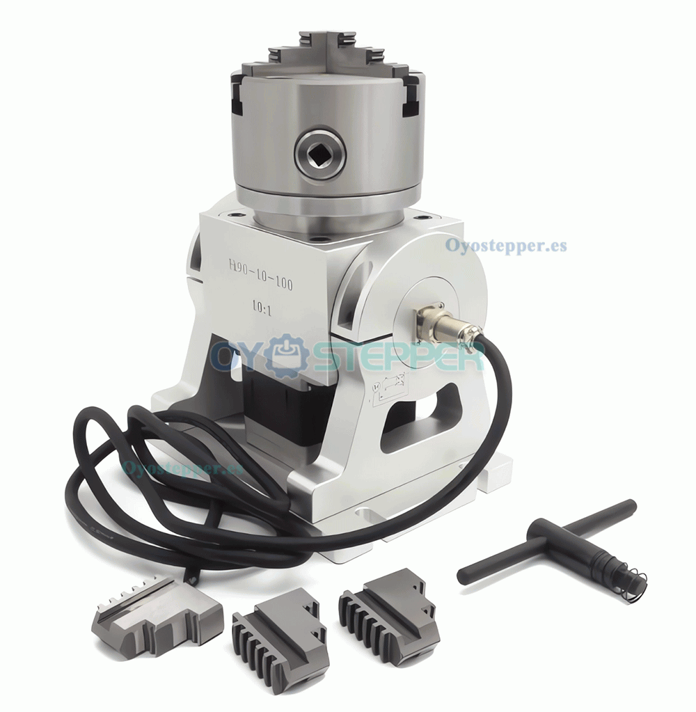 Cabezal divisor rotativo CNC de 4&ordm; eje 10:1 con plato de 3 garras de 100mm y motor NEMA 34