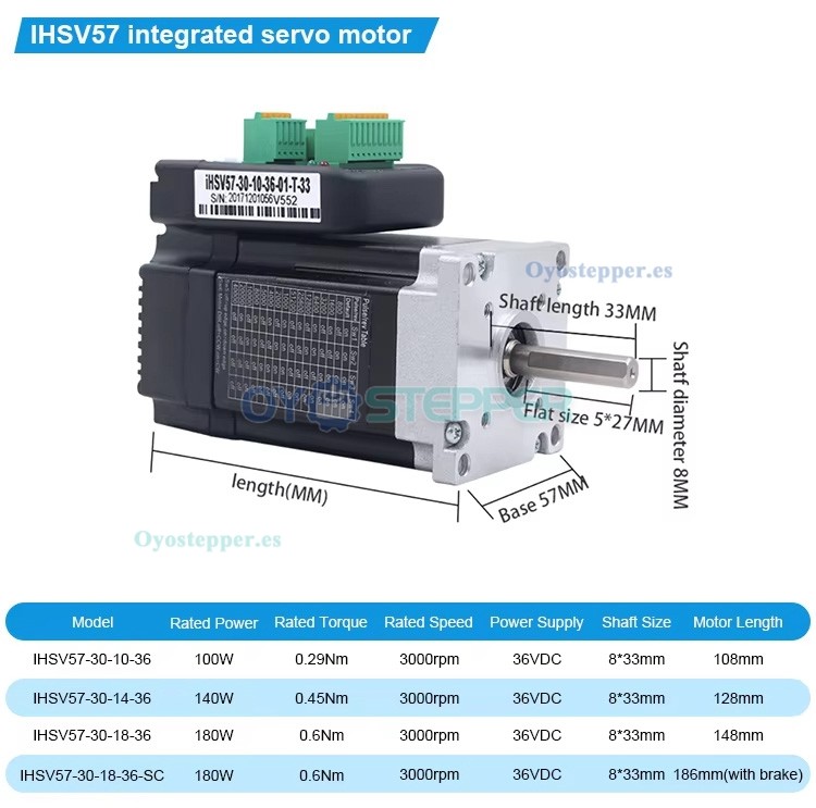 JMC Servomotor AC Integrado Nema 23 100 W 36 V 0.29 N·m 3.5 A 3 Fases 3000 RPM 57×57 mm