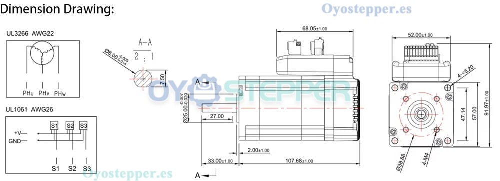 JMC Servomotor AC Integrado Nema 23 100 W 36 V 0.29 N·m 3.5 A 3 Fases 3000 RPM 57×57 mm