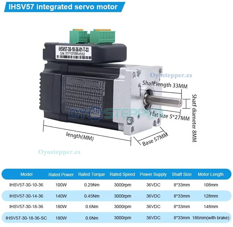 JMC Servomotor AC Integrado Nema 23 140 W 36 V 0.45 N·m 5.4 A 3 Fases 3000 RPM 57×57 mm