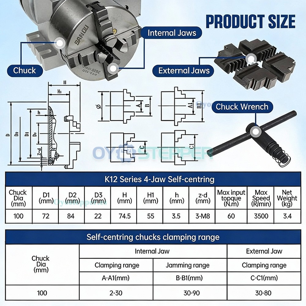 Kit de cuarto eje CNC 6:1 con plato de 100mm contrapunto y motor paso a paso