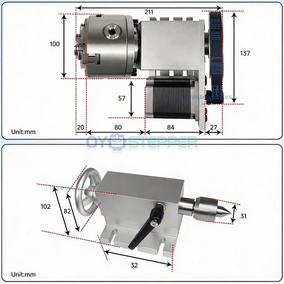 Kit de cuarto eje CNC 6:1 con plato de 100mm contrapunto y motor paso a paso