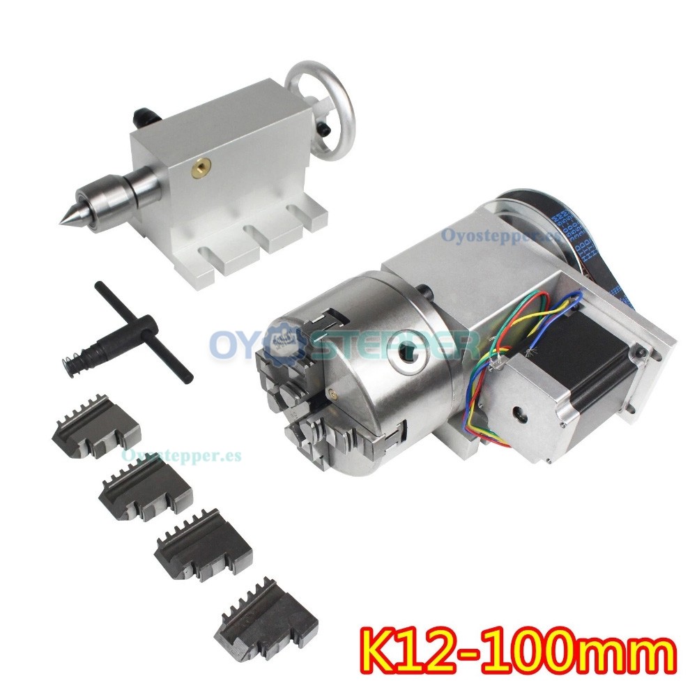 Kit de cuarto eje CNC 6:1 con plato de 100mm contrapunto y motor paso a paso